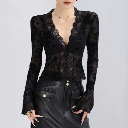 FA49482# 纯欲辣妹性感v领上衣女秋冬喇叭袖豹纹蕾丝打底衫内搭巨好看绝美 服裝批發女裝批發服飾貨源