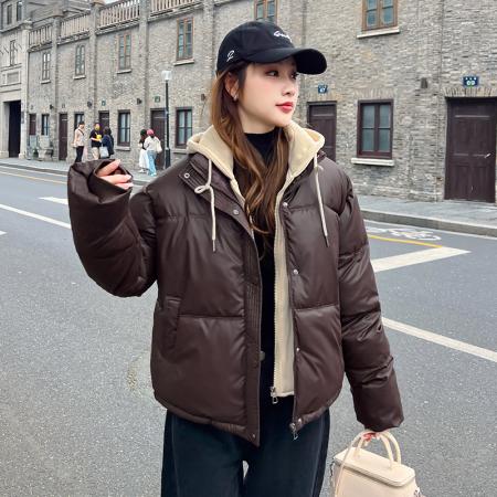 假两件连帽pu皮羽绒棉服女冬季...