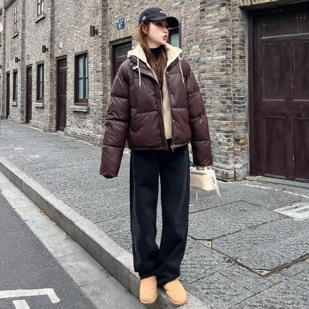 假两件连帽pu皮羽绒棉服女冬季新款韩版时尚保暖免洗外套潮 服裝批發女裝批發服飾貨源