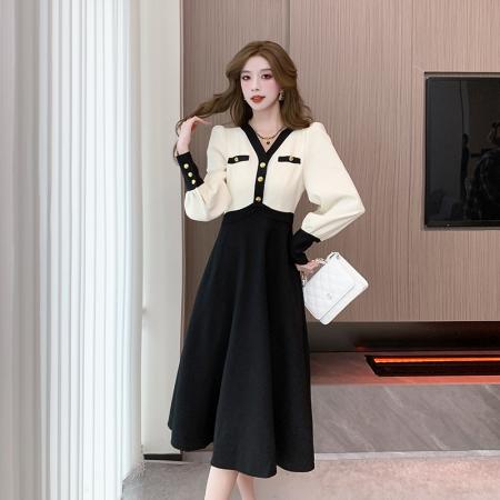 V领连衣裙女秋季新款法式高端精致显瘦赫本风长裙子 服裝批發女裝批發服飾貨源