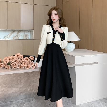 V领连衣裙女秋季新款法式高端精致显瘦赫本风长裙子 服裝批發女裝批發服飾貨源