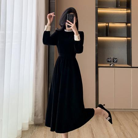 FA49493# 新年战袍丝绒黑色长裙赫本风连衣裙收腰显瘦 服裝批發女裝批發服飾貨源