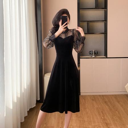 法式赫本风a字裙名媛气质拼接丝绒黑色连衣裙 服裝批發女裝批發服飾貨源