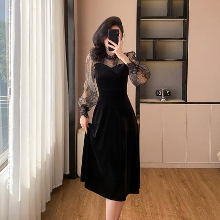 法式赫本风a字裙名媛气质拼接丝绒黑色连衣裙 服裝批發女裝批發服飾貨源