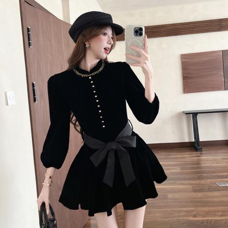 伯拉德千金赫本风黑色丝绒长袖连衣裙秋季 服裝批發女裝批發服飾貨源