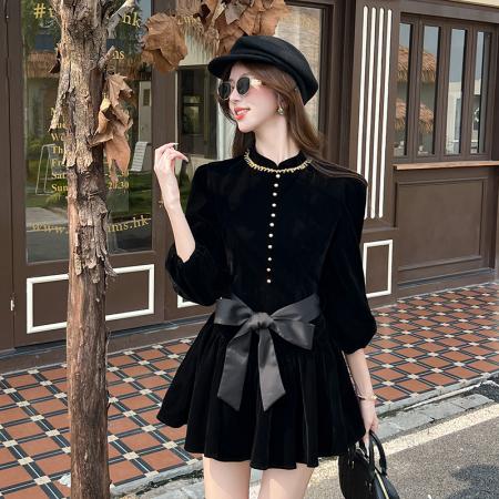 FA49495# 伯拉德千金赫本风黑色丝绒长袖连衣裙秋季 服裝批發女裝批發服飾貨源