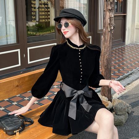 FA49495# 伯拉德千金赫本风黑色丝绒长袖连衣裙秋季 服裝批發女裝批發服飾貨源