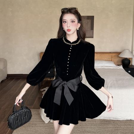 FA49495# 伯拉德千金赫本风黑色丝绒长袖连衣裙秋季 服裝批發女裝批發服飾貨源