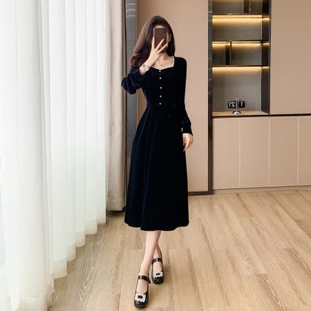 FA49496# 法式赫本风长袖连衣裙女秋季收腰显瘦气质金丝绒黑色长裙 服裝批發女裝批發服飾貨源