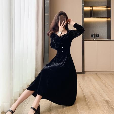 FA49496# 法式赫本风长袖连衣裙女秋季收腰显瘦气质金丝绒黑色长裙 服裝批發女裝批發服飾貨源