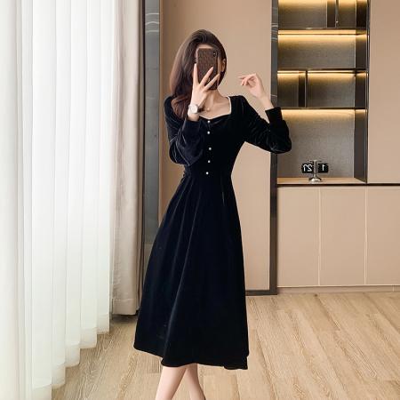FA49496# 法式赫本风长袖连衣裙女秋季收腰显瘦气质金丝绒黑色长裙 服裝批發女裝批發服飾貨源