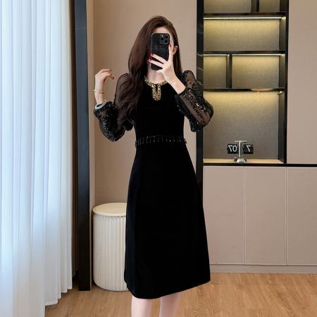 秋冬时尚钉珠重工名媛风拼接亮片流苏丝绒连衣裙 服裝批發女裝批發服飾貨源