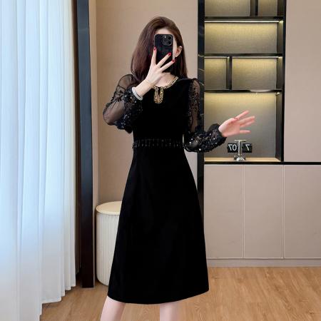 FA49497# 秋冬时尚钉珠重工名媛风拼接亮片流苏丝绒连衣裙 服裝批發女裝批發服飾貨源