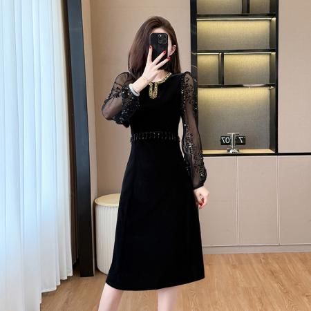 FA49497# 秋冬时尚钉珠重工名媛风拼接亮片流苏丝绒连衣裙 服裝批發女裝批發服飾貨源