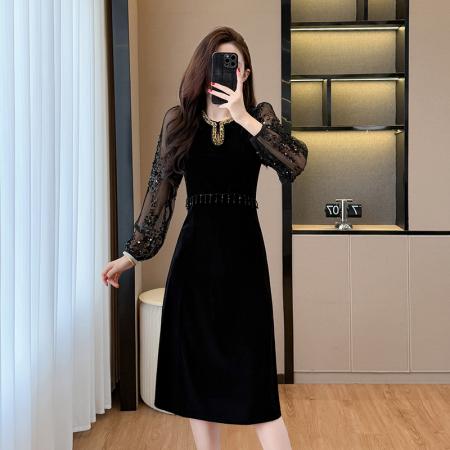 FA49497# 秋冬时尚钉珠重工名媛风拼接亮片流苏丝绒连衣裙 服裝批發女裝批發服飾貨源