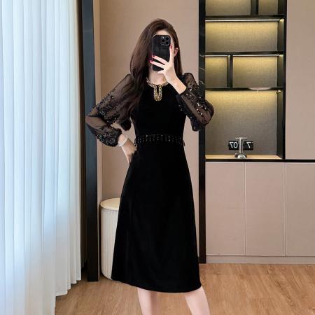 FA49497# 秋冬时尚钉珠重工名媛风拼接亮片流苏丝绒连衣裙 服裝批發女裝批發服飾貨源