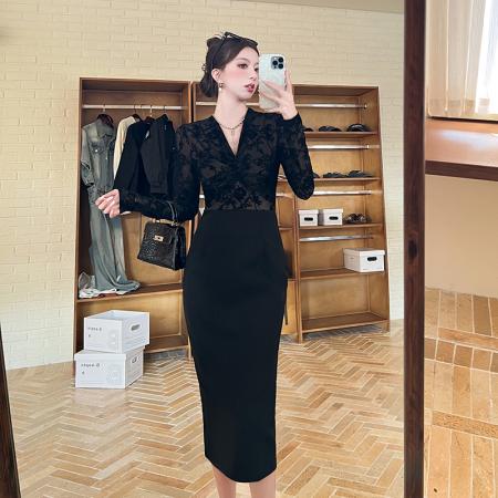 性感蕾丝扭结v领长袖连衣裙女秋冬御姐掐腰修身长裙 服裝批發女裝批發服飾貨源