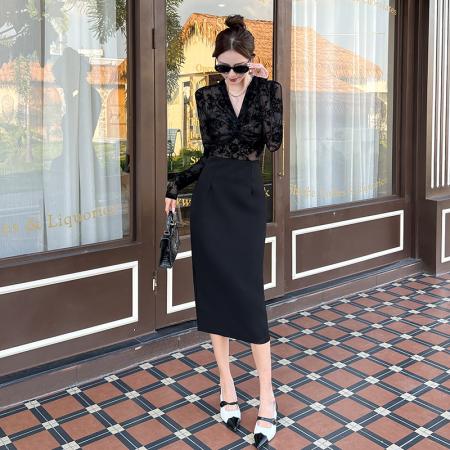 FA49498# 性感蕾丝扭结v领长袖连衣裙女秋冬御姐掐腰修身长裙 服裝批發女裝批發服飾貨源