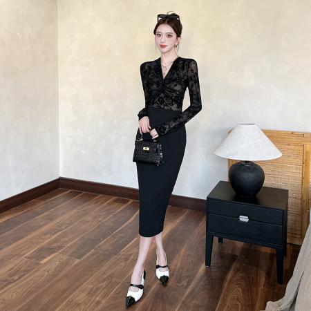 FA49498# 性感蕾丝扭结v领长袖连衣裙女秋冬御姐掐腰修身长裙 服裝批發女裝批發服飾貨源