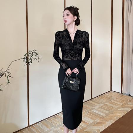 FA49498# 性感蕾丝扭结v领长袖连衣裙女秋冬御姐掐腰修身长裙 服裝批發女裝批發服飾貨源