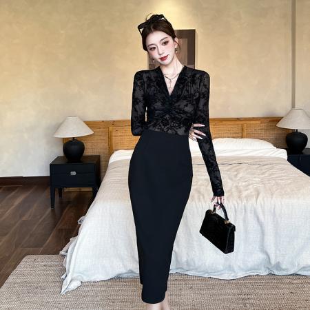 FA49498# 性感蕾丝扭结v领长袖连衣裙女秋冬御姐掐腰修身长裙 服裝批發女裝批發服飾貨源