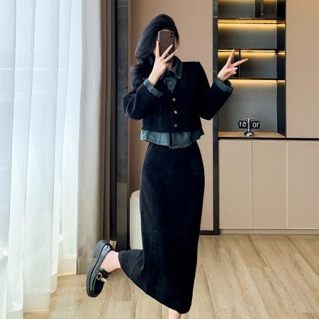 FA49500# 小香风减龄翻领假两件秋季爆款高级感气质显瘦半身长裙套装 服裝批發女裝批發服飾貨源