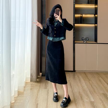 FA49500# 小香风减龄翻领假两件秋季爆款高级感气质显瘦半身长裙套装 服裝批發女裝批發服飾貨源