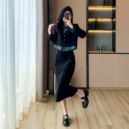 FA49500# 小香风减龄翻领假两件秋季爆款高级感气质显瘦半身长裙套装 服裝批發女裝批發服飾貨源