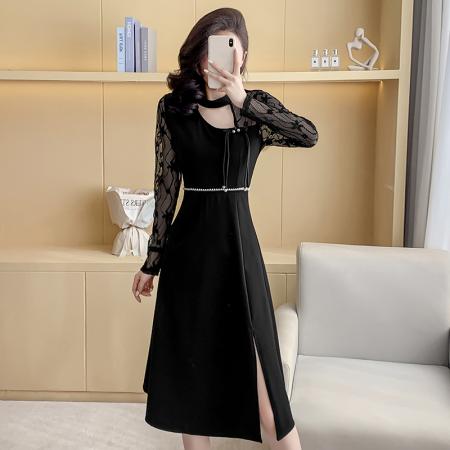 FA49501# 新款气质修身收腰百搭连衣裙时尚显瘦连衣裙蕾丝长袖连衣裙 服裝批發女裝批發服飾貨源