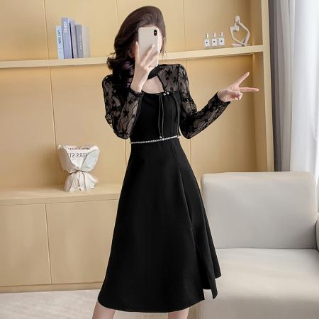 FA49501# 新款气质修身收腰百搭连衣裙时尚显瘦连衣裙蕾丝长袖连衣裙 服裝批發女裝批發服飾貨源