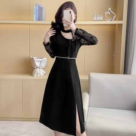 FA49501# 新款气质修身收腰百搭连衣裙时尚显瘦连衣裙蕾丝长袖连衣裙 服裝批發女裝批發服飾貨源