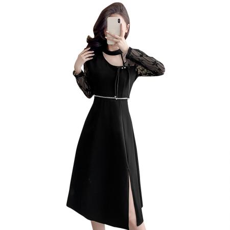 FA49501# 新款气质修身收腰百搭连衣裙时尚显瘦连衣裙蕾丝长袖连衣裙 服裝批發女裝批發服飾貨源