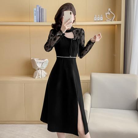 FA49501# 新款气质修身收腰百搭连衣裙时尚显瘦连衣裙蕾丝长袖连衣裙 服裝批發女裝批發服飾貨源