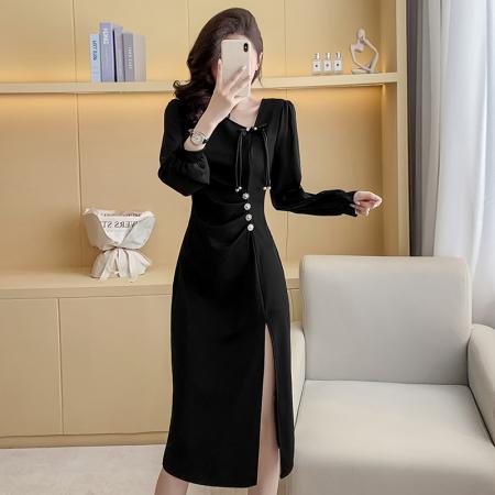 FA49502# 新款春秋长袖中国风改良旗袍小黑裙收腰显瘦气质长款连衣裙 服裝批發女裝批發服飾貨源
