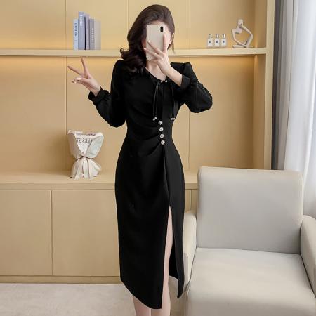 FA49502# 新款春秋长袖中国风改良旗袍小黑裙收腰显瘦气质长款连衣裙 服裝批發女裝批發服飾貨源