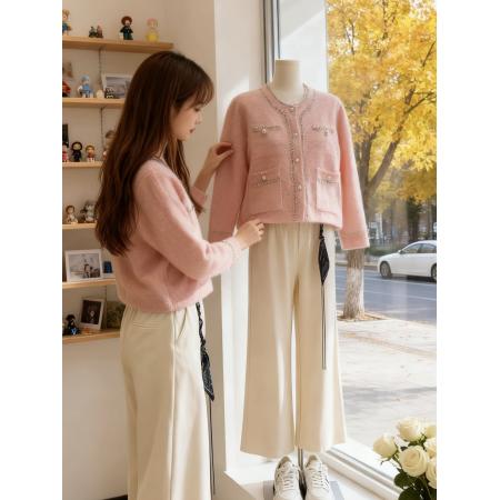 法式高级感小香风时尚气质上衣秋冬新款圆领长袖经典宽松毛衣外套 服裝批發女裝批發服飾貨源