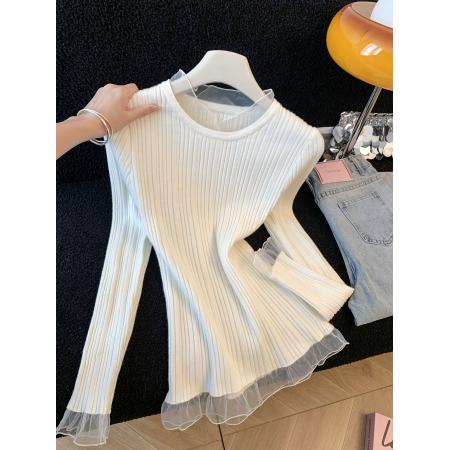 ～韩系甜美蕾丝边设计感小众休闲显瘦圆领套头百搭打底针织衫 服裝批發女裝批發服飾貨源