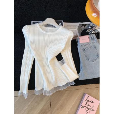 FA49509# ～韩系甜美蕾丝边设计感小众休闲显瘦圆领套头百搭打底针织衫 服裝批發女裝批發服飾貨源