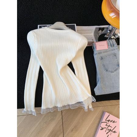 FA49509# ～韩系甜美蕾丝边设计感小众休闲显瘦圆领套头百搭打底针织衫 服裝批發女裝批發服飾貨源