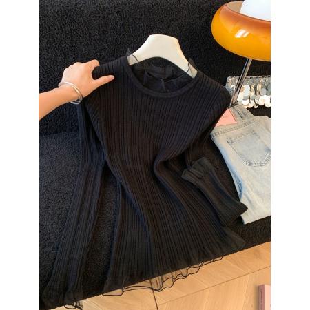 FA49509# ～韩系甜美蕾丝边设计感小众休闲显瘦圆领套头百搭打底针织衫 服裝批發女裝批發服飾貨源