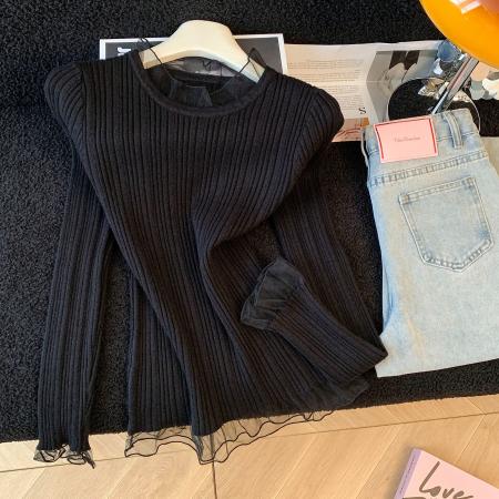 FA49509# ～韩系甜美蕾丝边设计感小众休闲显瘦圆领套头百搭打底针织衫 服裝批發女裝批發服飾貨源