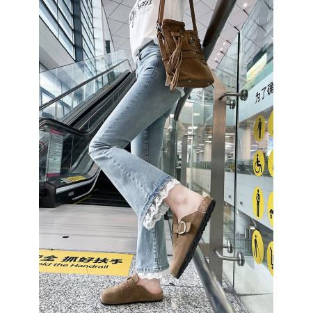 FA49510# -春秋复古毛边微喇牛仔裤女大码胖mm高腰显瘦弹力喇叭裤子 服裝批發女裝批發服飾貨源