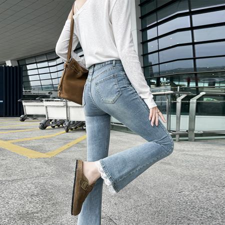 FA49510# -春秋复古毛边微喇牛仔裤女大码胖mm高腰显瘦弹力喇叭裤子 服裝批發女裝批發服飾貨源