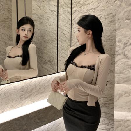 FA49511# 拒绝不了的日常百搭针织开衫拼接蕾丝吊带套装 服裝批發女裝批發服飾貨源