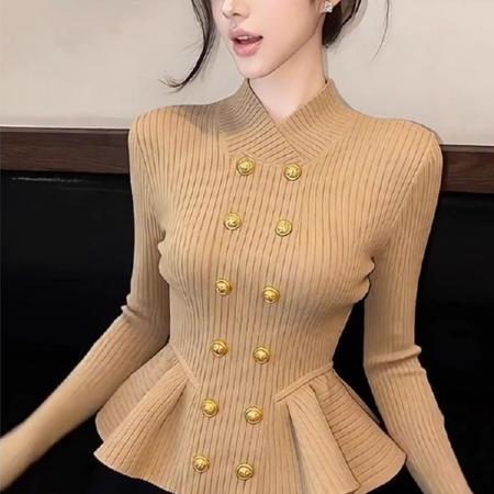 FA49513# 荷叶边修身长袖针织衫女秋季新款巨好看上衣 服裝批發女裝批發服飾貨源