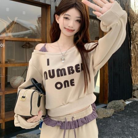 FA49514# 复古长袖斜肩印花卫衣高腰拼接条纹阔腿休闲裤女秋季套装 服裝批發女裝批發服飾貨源