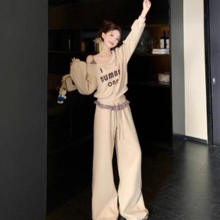 FA49514# 复古长袖斜肩印花卫衣高腰拼接条纹阔腿休闲裤女秋季套装 服裝批發女裝批發服飾貨源