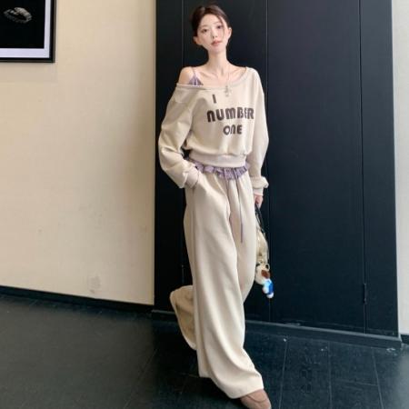 FA49514# 复古长袖斜肩印花卫衣高腰拼接条纹阔腿休闲裤女秋季套装 服裝批發女裝批發服飾貨源