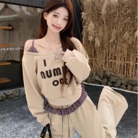 FA49514# 复古长袖斜肩印花卫衣高腰拼接条纹阔腿休闲裤女秋季套装 服裝批發女裝批發服飾貨源