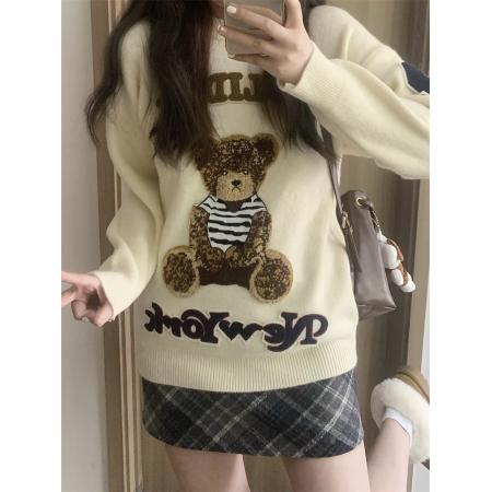 FA49515# 小熊刺绣圆领毛衣女秋冬新款慵懒风宽松显瘦针织衫+格子裙 服裝批發女裝批發服飾貨源